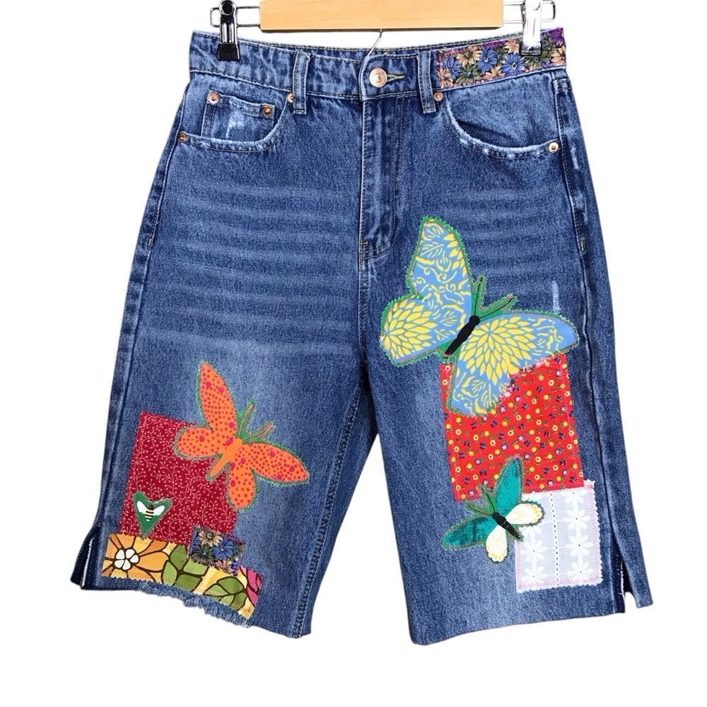 OOAK Upcycled Womens “Butterflies” Denim Bermuda Jean Shorts Size 28